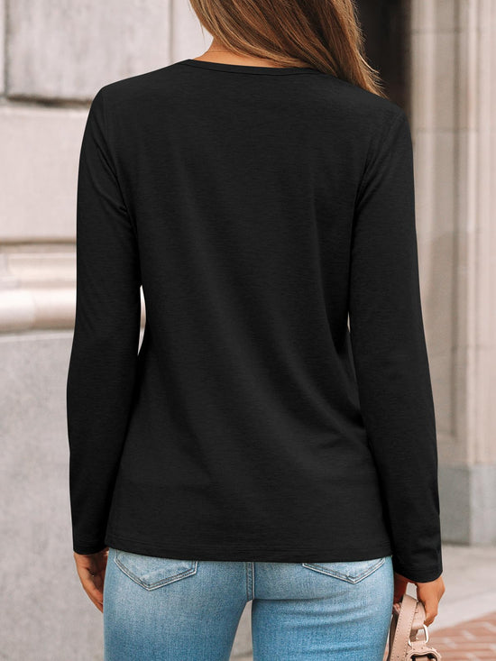 Shirt — Womens pleated long sleeve tunic with loose fit crewneck