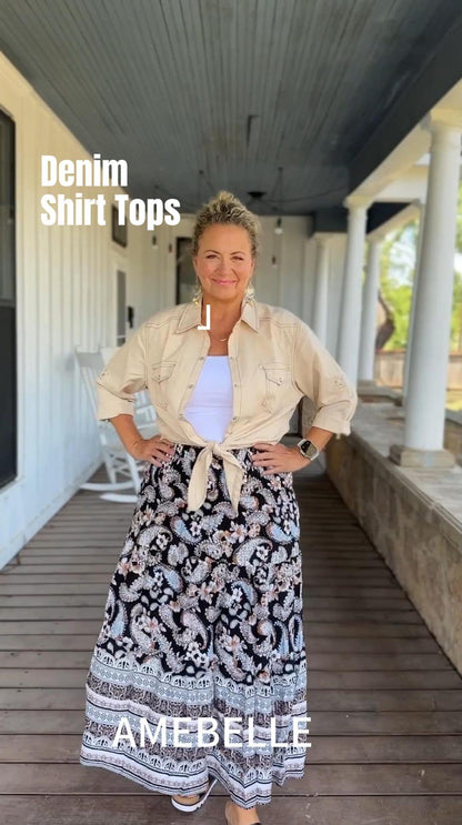 Shirt — Women's roll up sleeve tie front knot chambray denim crop top