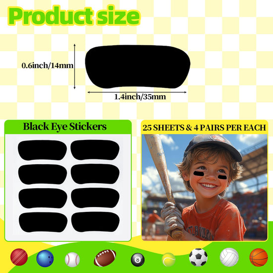 100 Pairs Sports Eye Black Stickers Set for Softball, Football, Lacrosse, Baseball Party Favors - Eye Stickers with 2 Pencils for Party Game Day Sports Supplies (Black)