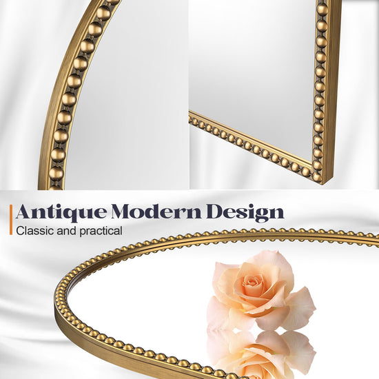 Brauthon beaded arched mirror — vintage metal beaded frame decorative mirror