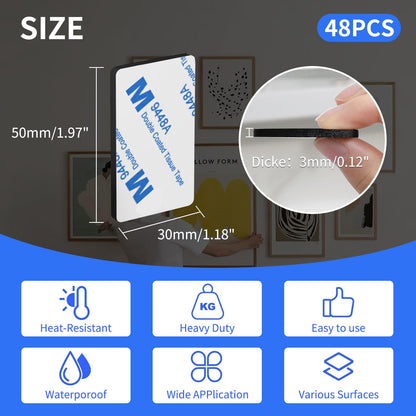 WRFUWEWU Double Sided Foam Tape, 3mm Thick 48Pcs Heavy Duty Waterproof Adhesive Pads for Wall, Car, Photo Frame & Office