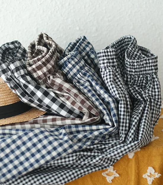 PANTS — Cotton linen wide leg capri pants with elastic waist and plaid design