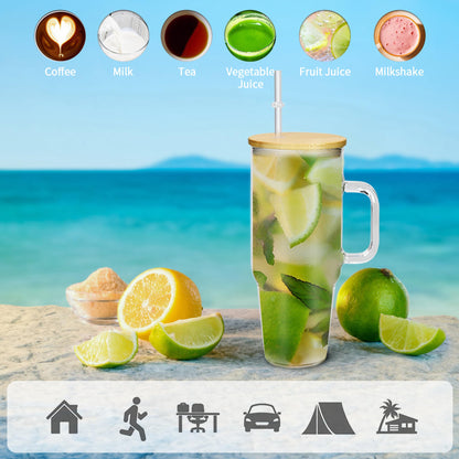 FECBK 40 oz glass tumbler with handle - high capacity and comfortable grip.FECBK drinking cup — 40 oz glass tumbler with handle and comfortable grip.
