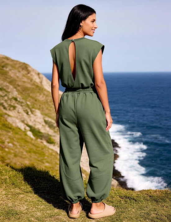 Flygo womens jumpsuit with pockets and drawstring waist