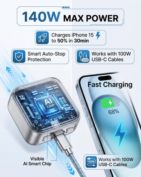 AUTO Unplug 140W USB C Charger, Smart Adapter Automatically Disconnects When Battery is Full, Physical Power Cut for Laptops, Tablets & Smartphones - Protects Battery Health