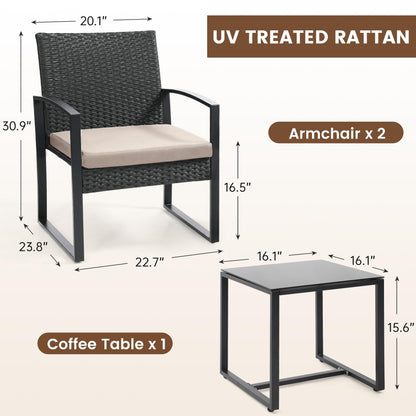 Murago 3 piece wicker patio bistro set with coffee table in black frame and cushion