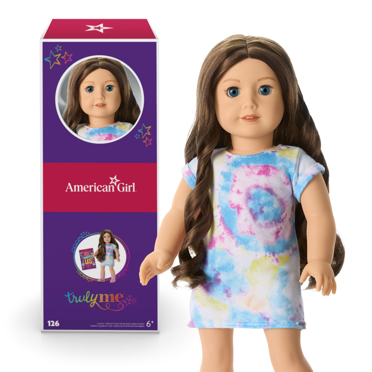 American Girl doll with blue eyes and wavy brown hair for ages 6+