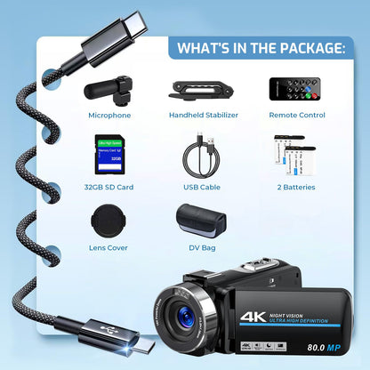 Camcorder Video Camera 4K 80MP Ultra HD Vlogging Camera for YouTube 18X Digital Zoom IR Night Vision 3.0" IPS Screen Video Recorder With Handheld Stabilizer, Microphone, 32G SD Card and Remote Control