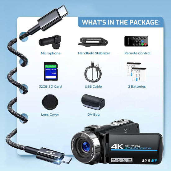 Camcorder Video Camera 4K 80MP Ultra HD Vlogging Camera for YouTube 18X Digital Zoom IR Night Vision 3.0" IPS Screen Video Recorder With Handheld Stabilizer, Microphone, 32G SD Card and Remote Control