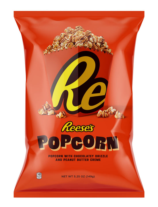 Reese's popcorn — popcorn coated in chocolatey drizzle and peanut butter crème