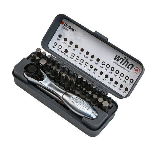 Wiha fastener drive bit set with mini ratchet and 32 pieces in GoBox