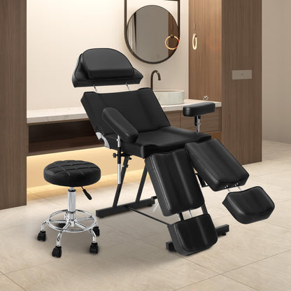 Tattoo Chair for Artist, Esthetician Facial Bed with Adjustable Armrests & Headrest, Split Legs Design Professional Tilting Massage Table with Stool for Eyelashes Spa Tattoo Studio, 440lbs, Black