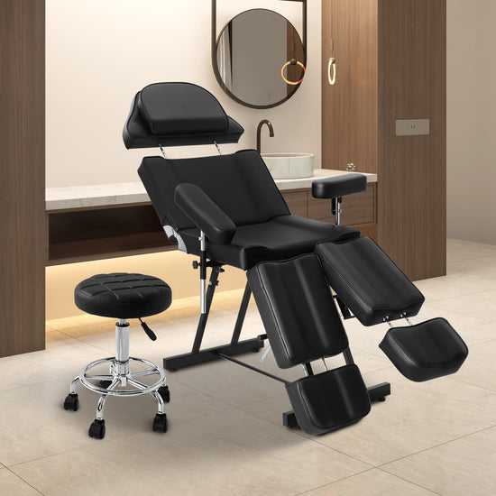 Tattoo Chair for Artist, Esthetician Facial Bed with Adjustable Armrests & Headrest, Split Legs Design Professional Tilting Massage Table with Stool for Eyelashes Spa Tattoo Studio, 440lbs, Black