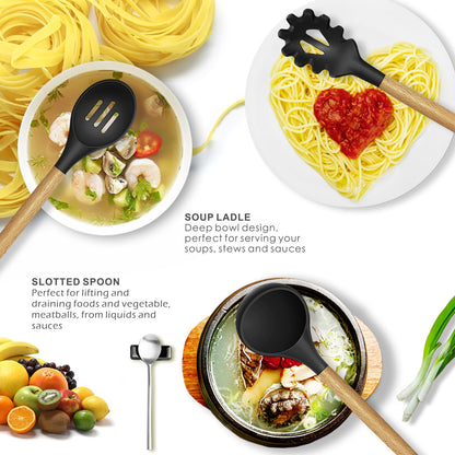 Food spatula set — heat resistant silicone with wooden handles and holder, BPA free