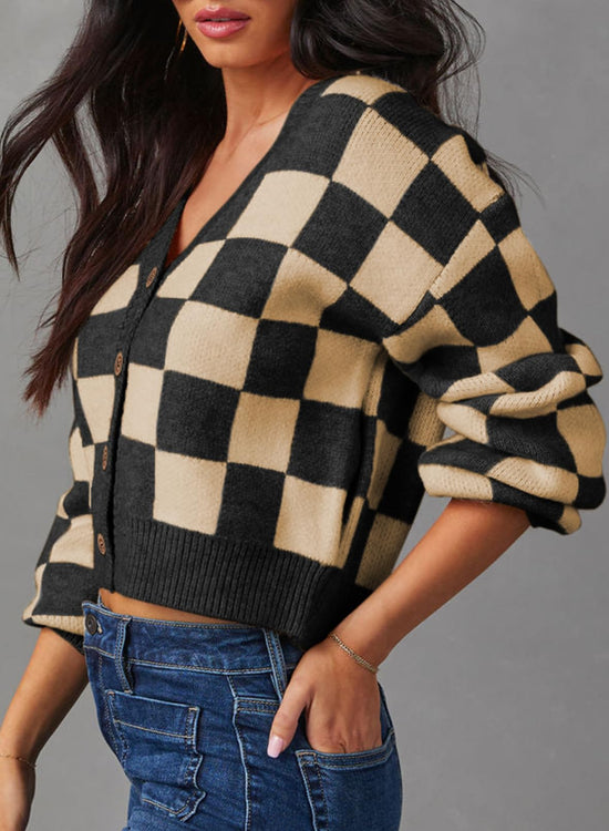 Dokotoo sweater — Checkered v neck button down cropped cardigan top