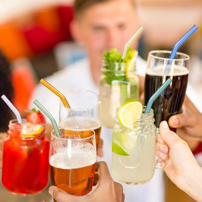 10 Pcs reusable bent glass drinking straws - shatter resistant with cleaning brushes set of 10.