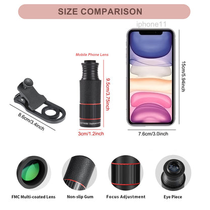 Camera lenses — 32X telephoto lens with adjustable tripod and universal clip