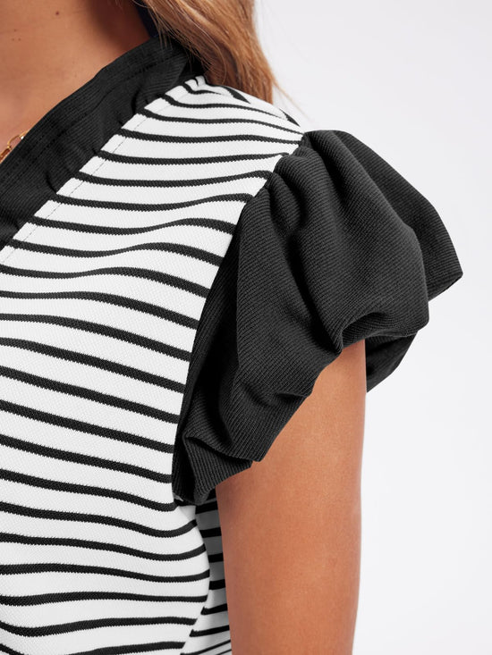 Shirt — Ruffle cap sleeve with pleated v neck design