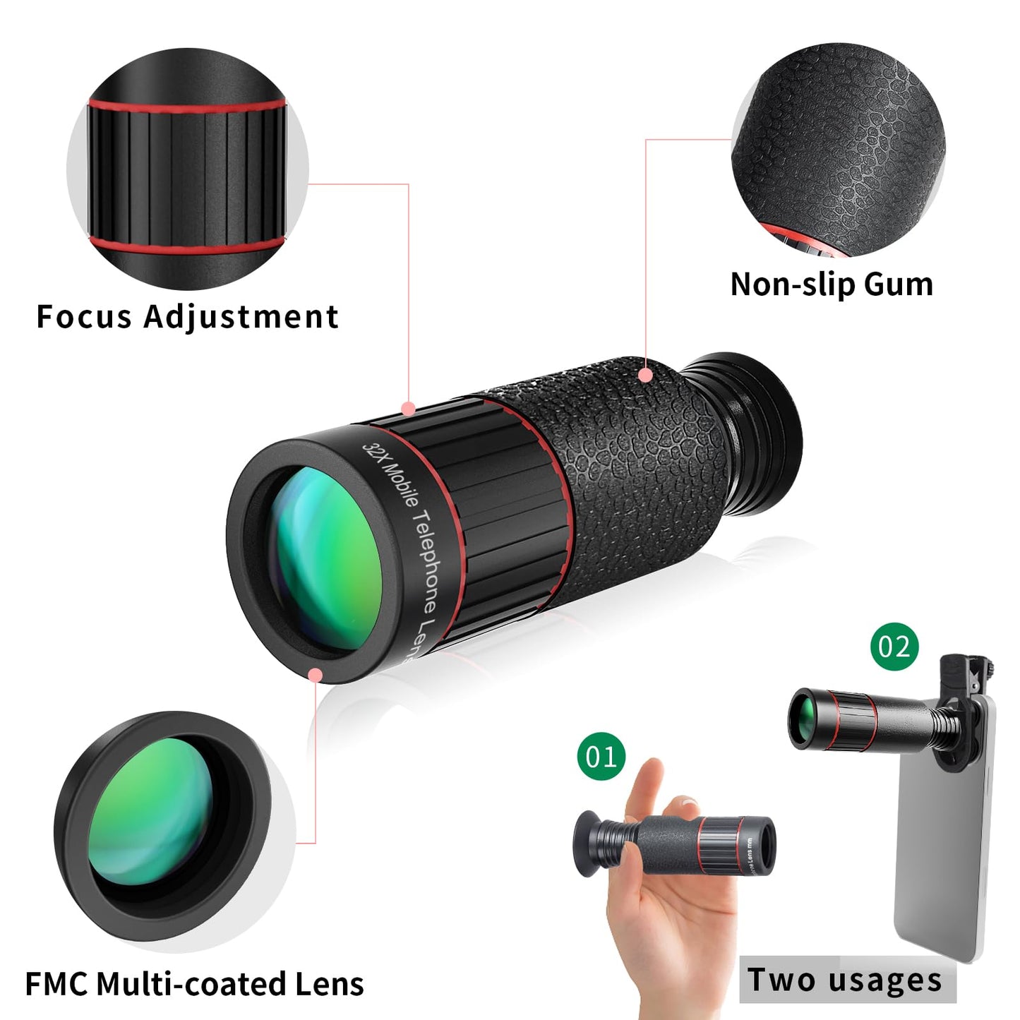 2025 Newly 32X Phone Camera Lens Telephoto Mobile Lens for iPhone and Android Zoom Cellphone Camera Lens with Phone Clip for Picture Video Taking (Black)