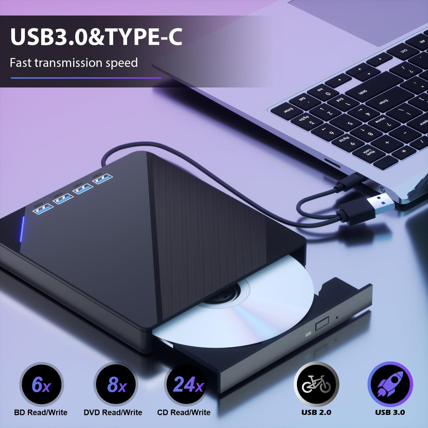 TYYWGD External Blu ray Drive, 7 in 1 Support 100G Disc R/W, USB3.0 Type-C Bluray Drive BD DVD CD Burner with 4 USB Ports, SD/TF Card Slot Compatible with Windows Linux MacOS (Blu ray &CD &DVD)