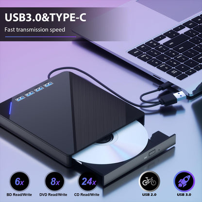 TYYWGD External Blu ray Drive, 7 in 1 Support 100G Disc R/W, USB3.0 Type-C Bluray Drive BD DVD CD Burner with 4 USB Ports, SD/TF Card Slot Compatible with Windows Linux MacOS (Blu ray &CD &DVD)