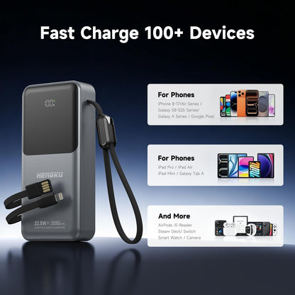 HENGKU Power Bank 20000mah Portable Built-in Cable 22.5w Fast Charge