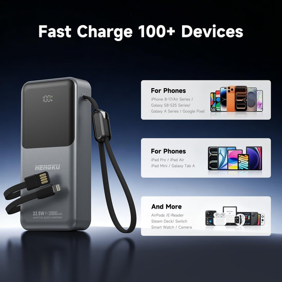 HENGKU Power Bank 20000mah Portable Built-in Cable 22.5w Fast Charge