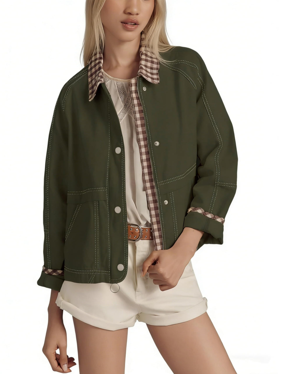 Aimiray coat — Windproof cropped plaid bomber with pockets