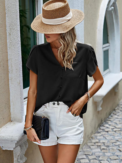 PRETTYGARDEN shirt — Summer V neck chiffon button down blouse for women