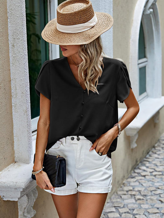 PRETTYGARDEN shirt — Summer V neck chiffon button down blouse for women