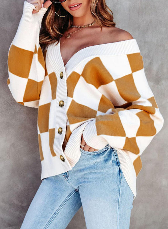 Dokotoo sweater — Plaid v neck oversized cardigan with buttons and long sleeves