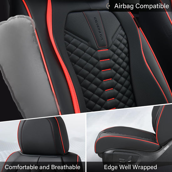 Coverado car seat covers - waterproof nappa leather seat covers for cars, black and red