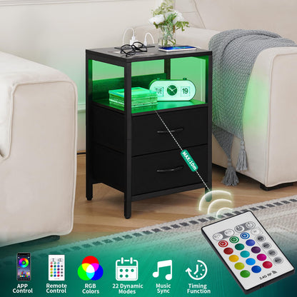 Yoobure nightstand with charging station - LED design with fabric drawers and USB ports