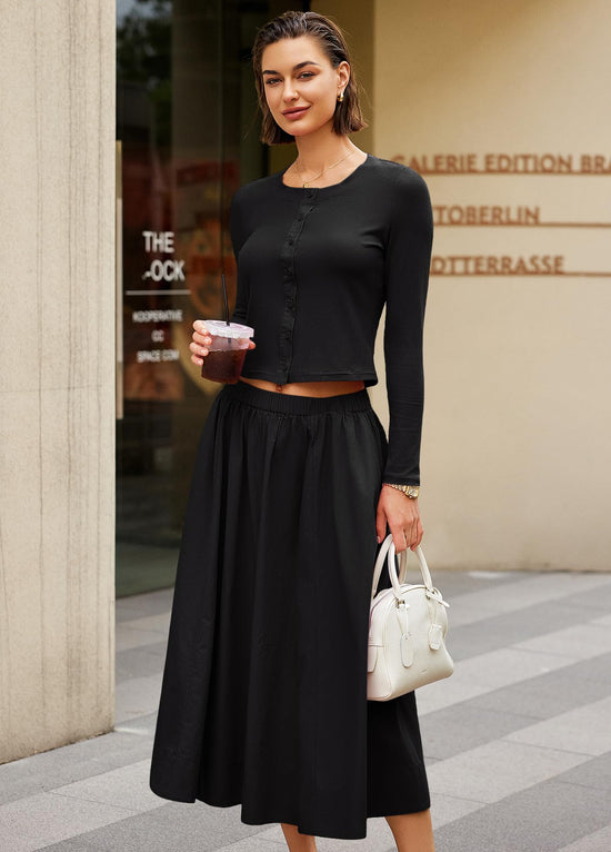 Coordinated outfit — Ribbed button down cardigan and elastic waist skirt set