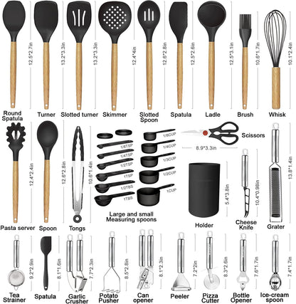 Food spatula — Heat resistant silicone with wooden handles set of 35 pieces.