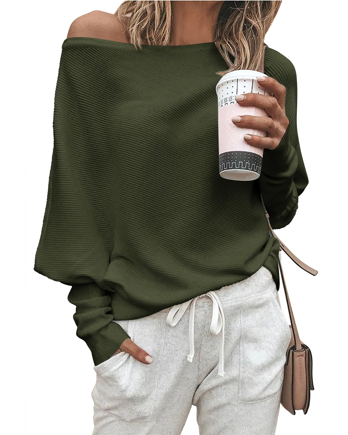 Zenlonr women's sweatshirt - Casual batwing sleeve off shoulder knit pullover jumper tops