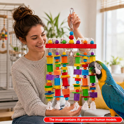 Extra Large Bird Toys for Macaws African Greys Cockatoos, 21.6" x 13" Heavy Duty Parrot Chewing Toy with Durable Stainless Steel Chain & Natural Wood Blocks, Large Bird Cage Accessories with Bell