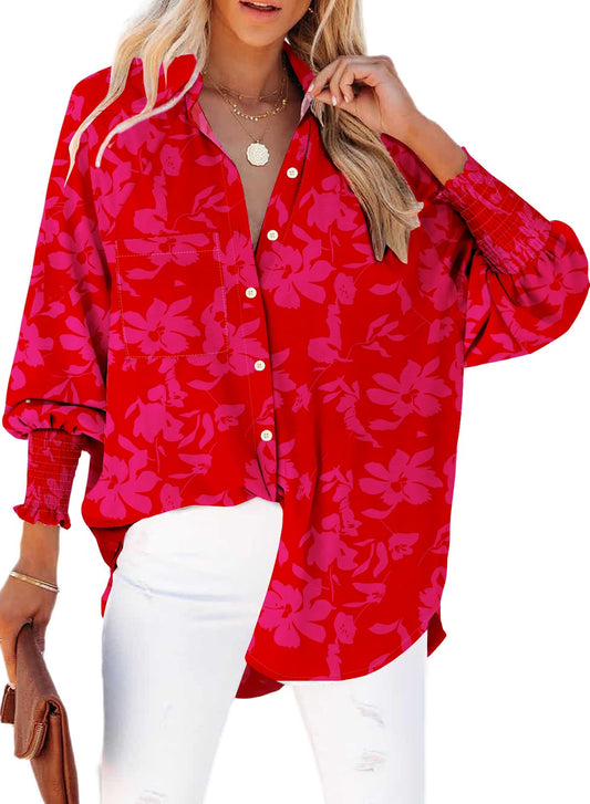 Womens boyfriend shirt with smocked cuffs and stripes