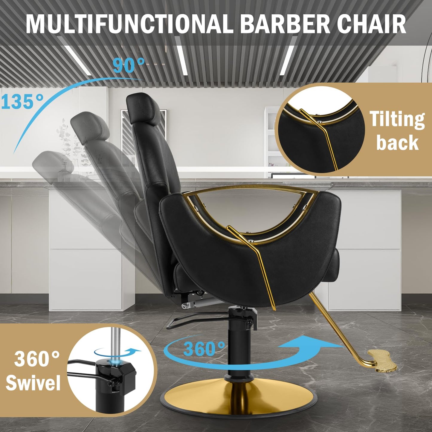 Tythical Salon Chair Reclining Barber Hair Chair for Hair Stylist with Heavy Duty Hydraulic Pump, 360 Swivel Styling Beauty Spa Tattoo Equipment for Home Barbershop, Black Gold