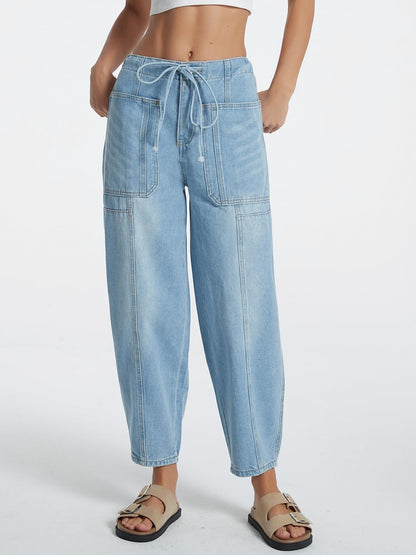 LifeShe women's wide leg baggy jeans - elastic waist ankle denim pants