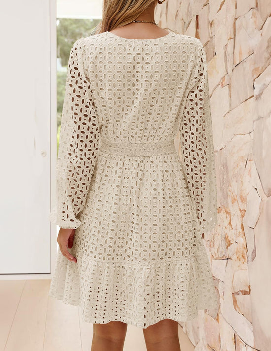 ZESICA women's long sleeve mini dress with eyelet embroidery and ruffle details
