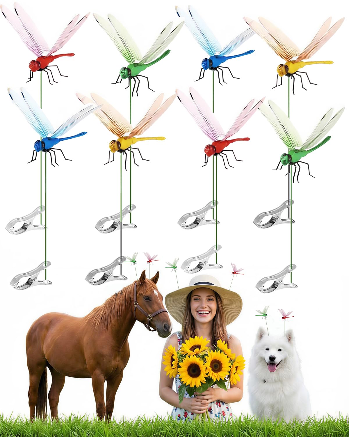 Shinfirst 8 Pack Dragonfly Decoy Clips, 3D Realistic Wingman for Outdoor Garden, Nature-Inspired Visual Deterrent for Wasps, Flies and Bees, Clip-on Decoration for Hats, Backpacks and Patio