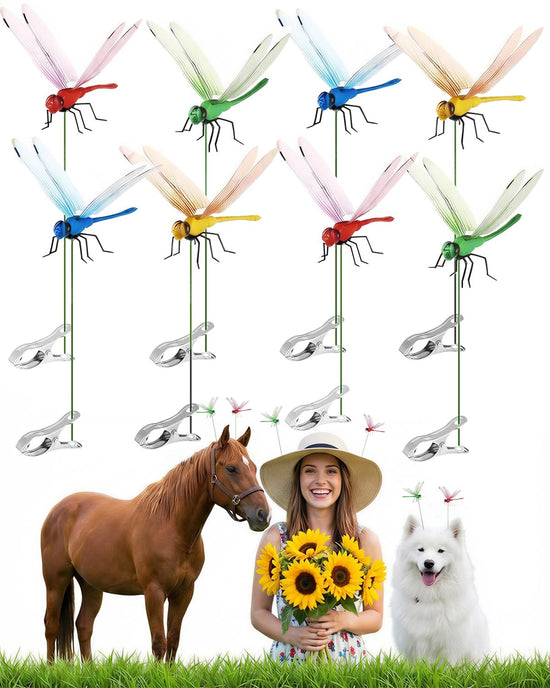 Shinfirst 8 Pack Dragonfly Decoy Clips, 3D Realistic Wingman for Outdoor Garden, Nature-Inspired Visual Deterrent for Wasps, Flies and Bees, Clip-on Decoration for Hats, Backpacks and Patio