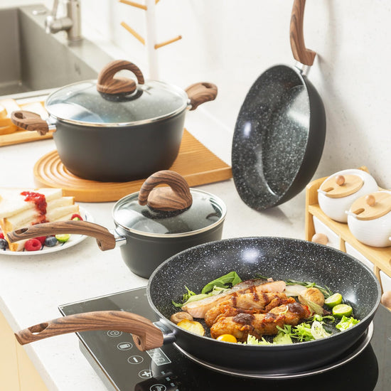 Vkoocy cookware set — Nonstick induction with granite stone finish and wood handle