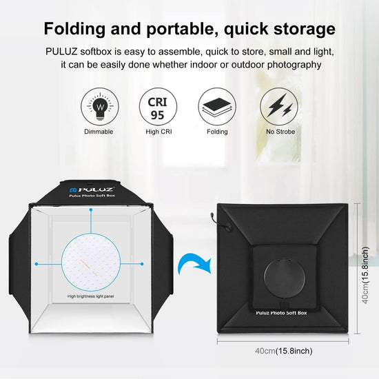 Camera stage lighting modifier — PULUZ portable photo studio with dimmable LEDs and backdrops 16x16 inch