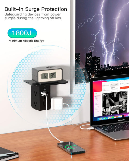 Power strip — Wall outlet extender with shelf and night light, USB charging ports