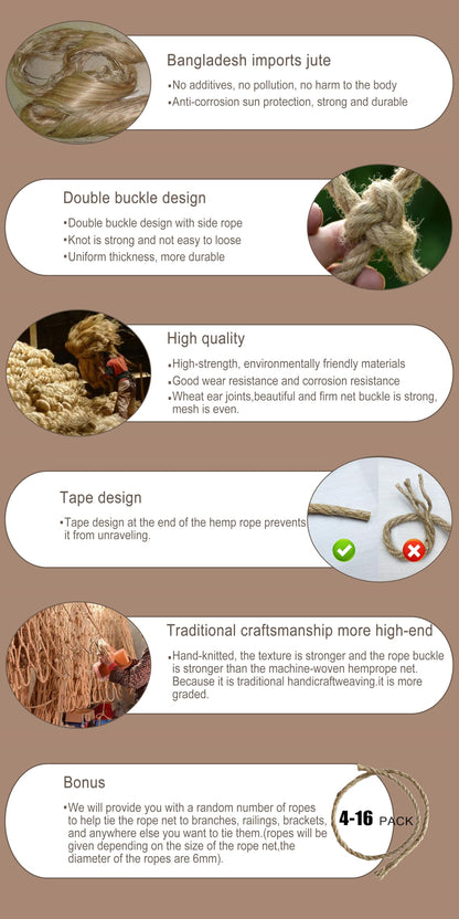 Safety Hemp Rope Net Kids Climbing Safety Netting Children Balcony Stairs Fence Railing Garden Playground Protection Heavy Duty Tree House Indoor&Outdoor Decor Rope Net 10mm/10cm 3.3x6.6ft(1x2m)