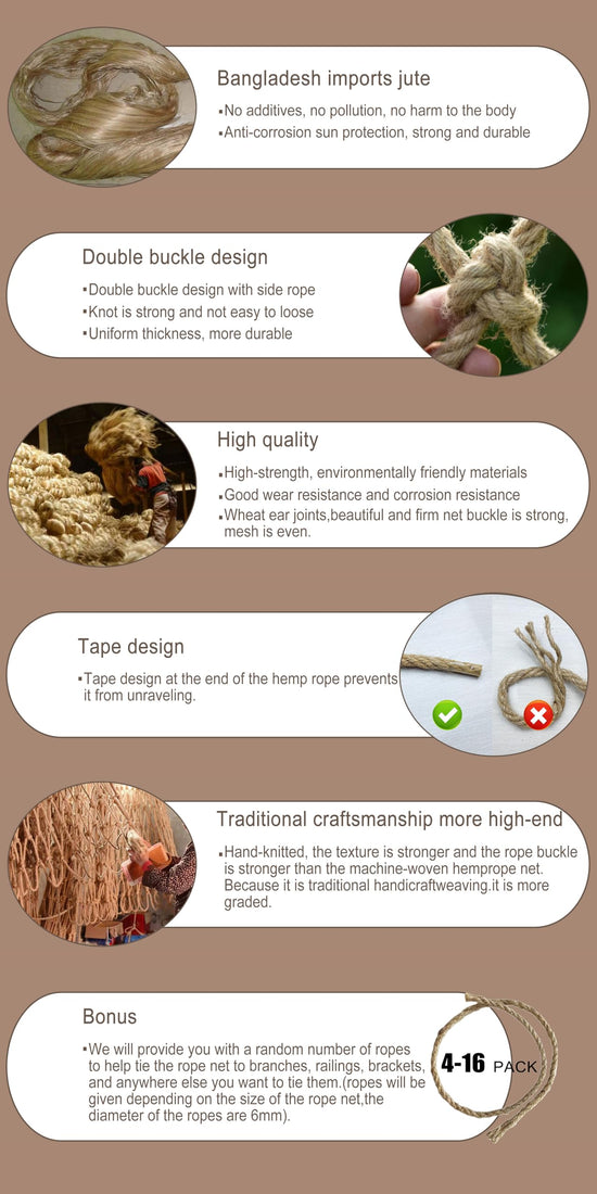 Safety Hemp Rope Net Kids Climbing Safety Netting Children Balcony Stairs Fence Railing Garden Playground Protection Heavy Duty Tree House Indoor&Outdoor Decor Rope Net 10mm/10cm 3.3x6.6ft(1x2m)