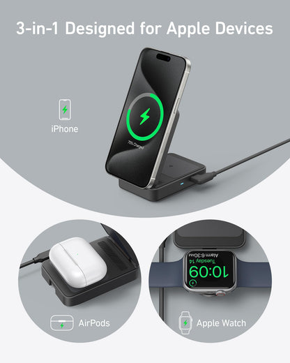 Anker charging adapter — 3-in-1 MagSafe-compatible design for iPhone and Apple devices