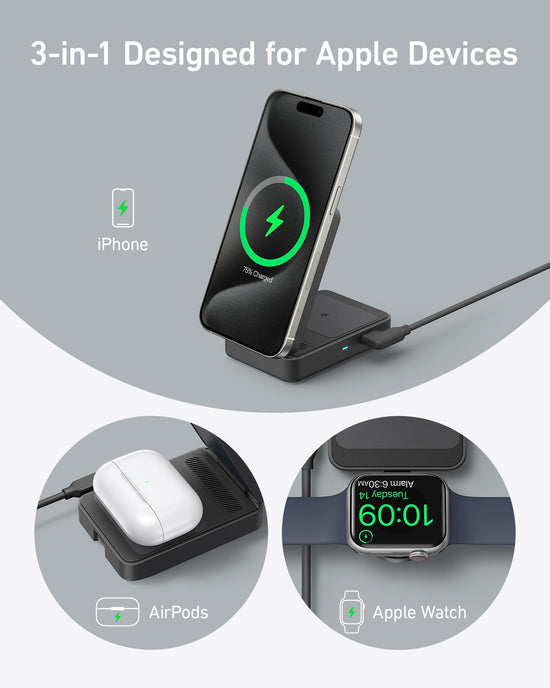 Anker charging adapter — 3-in-1 MagSafe-compatible design for iPhone and Apple devices